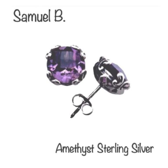 SAMUEL B Faceted Round Cut Amethyst Sterling Silver 925 Stud Earrings - Picture 3 of 13